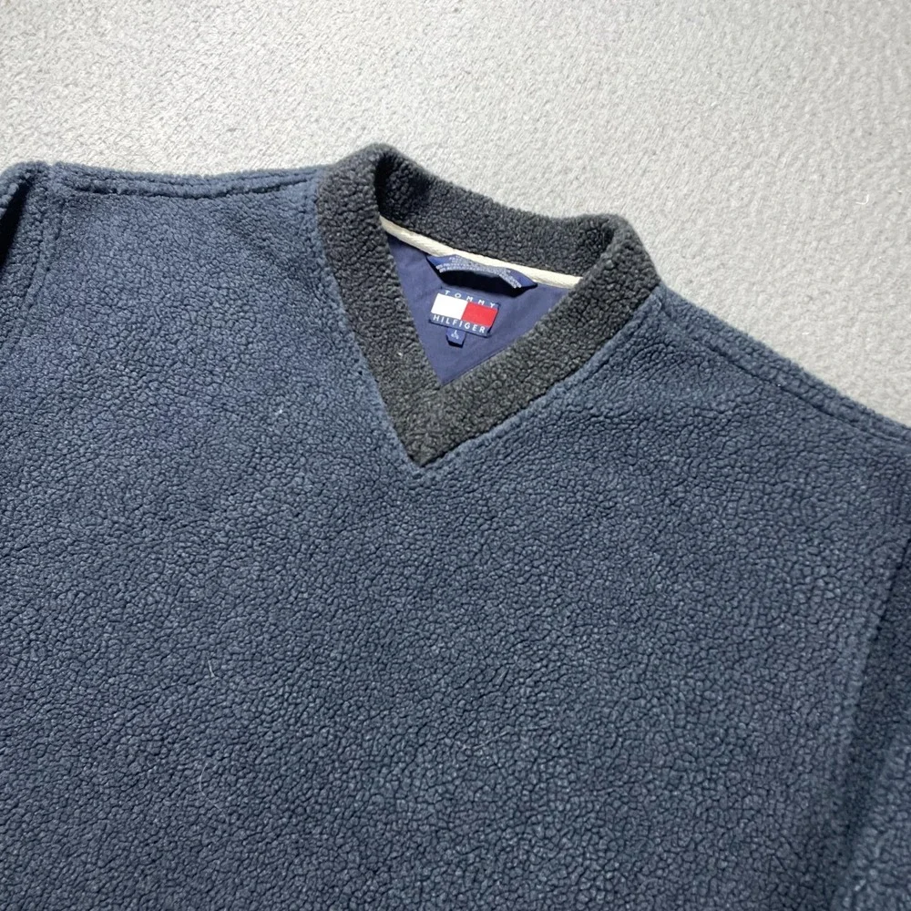 VTG Tommy Hilfiger Sweater Mens Large Blue Fleece V Neck Pullover Heavyweight